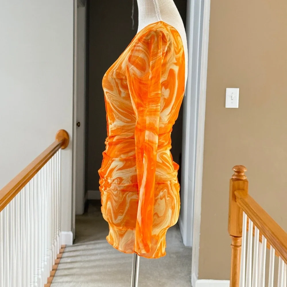 Naked Wardrobe Swim Orange Marble Mesh Long Sleeve Mini‎ Dress Cover Up XS